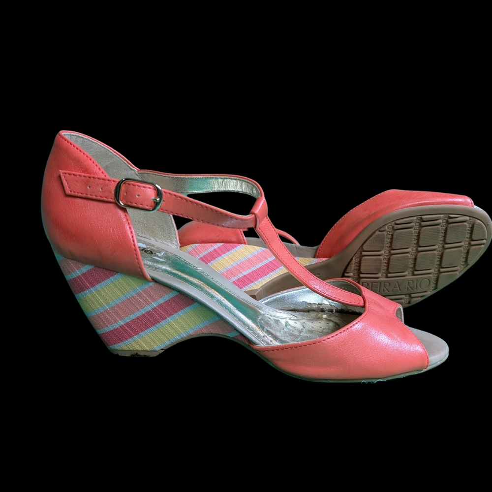 Coral Wedge Sandals with Striped Heel